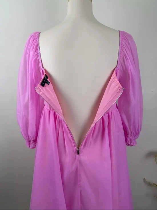 FORE Pink Puff Sleeve Mini Dress Women's Size Medium Square Neck Cottagecore - Picture 5 of 10